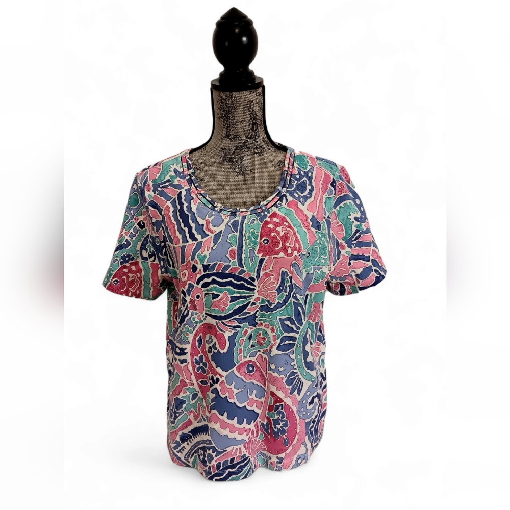 Alfred Dunner women's multicolored tropical fish print short sleeve top size PL